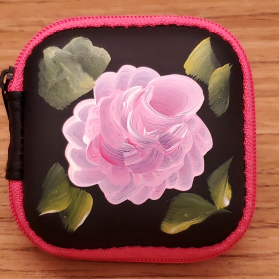 Hand Painted Floral Ear Pod Case, Decorative Zipper Accessory Case, Rose Painting Case, Pink Accessory Purse, Floral Coin Purse, Pill Case