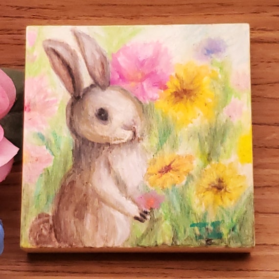 Flower Garden Bunny Oil Pastel Painting, Hand Painted Rabbit Childrens Art, Woodland Animal Wood Block Art, Table Top Oil Pastel Painting