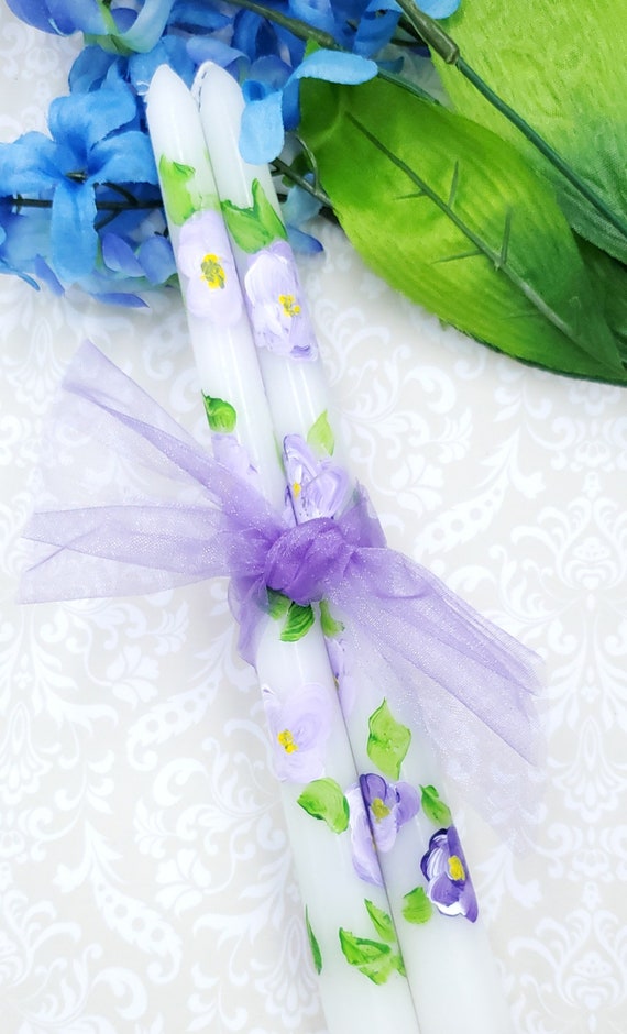 Pansy Flowers Hand Painted Taper Candle, Purple  Floral Taper Candle, Anniversary Candles, Dinner Party Candles, Elegant Wedding Candles