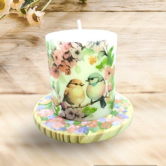 Birds and Flowers Pillar Candle, Home Decor Candle, Spring Decor, Hand Painted Pillar Candle, Decorative Spring Candle, Floral Candle, Gift