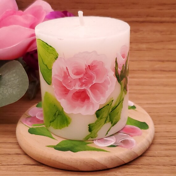 Rose Floral Hand Painted Pillar Candle and Holder, Pink Roses Dinner Candle, Wedding Pillar Candle, Hand Painted Roses Candle and Holder