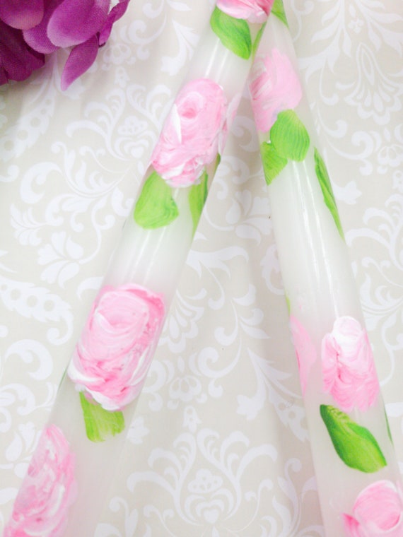 Pink Rose Floral Taper Candle, Rose Hand Painted Taper Candle, Wedding Floral Taper Candles, Anniversary Candles, Dinner Party Candles,