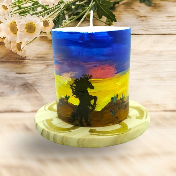 Desert Horse Hand Painted Candle, Horse Art, Desert Sunset Hand Painted Candle, Wild Mustang Art, Rearing HorsEquestrian Theme Candle