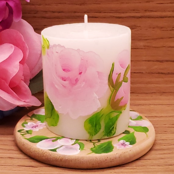 Rose Floral Hand Painted Pillar Candle and Holder, Pink Roses Dinner Candle, Wedding Pillar Candle, Hand Painted Roses Candle and Holder