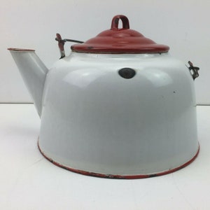 Vintage Farmhouse White Red Enamelware Kettle Teapot Large Wood Handle Decor