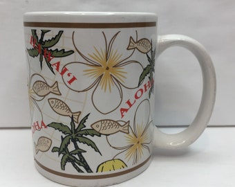 White Plumeria Aloha Jim Lieu Island Heritage 1996 Coffee Mug Hawaii Fish Flower