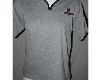 Vtg Nike Womens Gray Zip Polo Shirt  Red N Logo Stripe Short Sleeve Size Medium