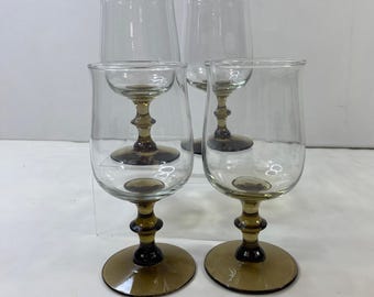 Libbey Mid Century Tulip Brown Stemmed Glasses Goblets Water Wine Set 4 Vintage