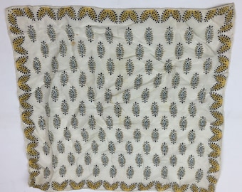 Vintage Silk Scarf Mustard Yellow Navy Blue 16"x17" Handkerchief Hanky Pocket