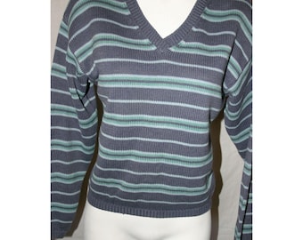 Vintage Womens Limited America Striped Knit V-Neck Grey Blue Sweter Rozmiar L