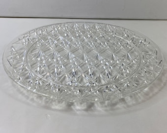 Cut Crystal 13" Glass Plate Intricate Diamond Pattern Vintage Serving Platter