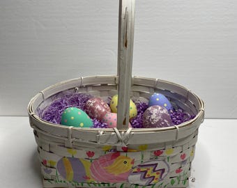 Easter Basket 7 Wooden Eggs White Pastel Gift Decor Purple Grass Polka Dot
