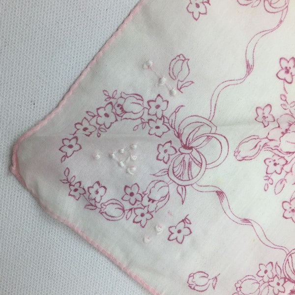 Vintage Embroidered Pink Floral Handkerchief Pocket Square Hanky
