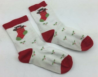 Vintage Christmas Bear Stocking Crew Socks Red Green Holly Berry
