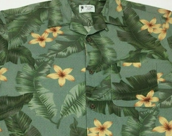 Vintage Silk Hawaiian Shirt Palm Leaves Floral Flowers Yellow Green Medium Med M