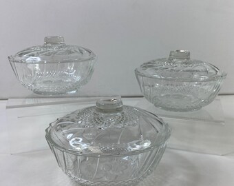 3 Crystal Glass Lidded Bowls Candy Dishes Textured Etched Swirl Design Vintage