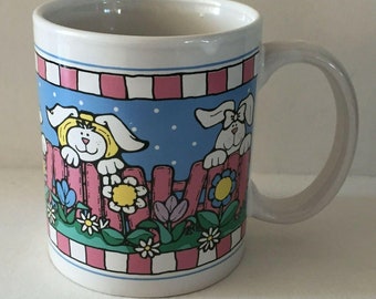 Spring Bunny Bunnies Pink Floral Flower Handcrafted Ceramic Coffee Cocoa Mug