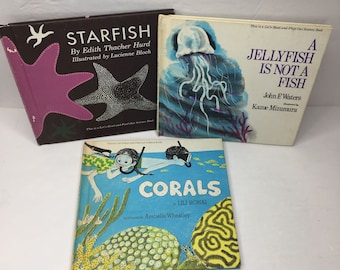 Vintage-Set 3 „Lasst uns lesen und herausfinden, Korallen, Quallen, Seesterne“, Wissenschaftsbücher
