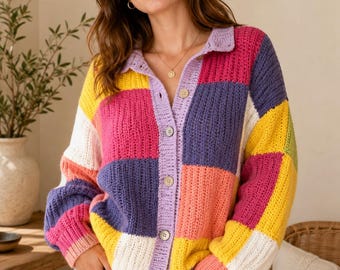 Veste pull patchwork au crochet fait main boutons rose violet vert jaune corail