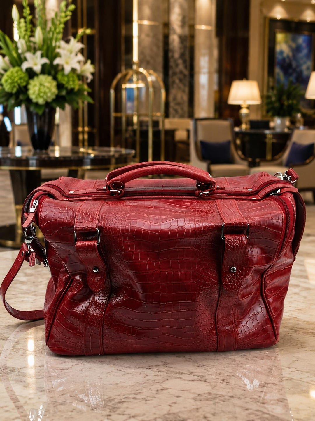 Vintage 90s Bath & Body Works Red Faux Alligator Leather Tote