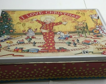 vintage 90s I Love Christmas Tin Container Toy Train Tree Boy Rectangle