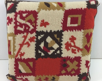 Vintage Handmade Needlepoint Pillow Home Decor Brown Yellow Orange Floral 13"