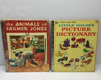 Vintage 1972 Lot 2 Little Golden Books Animals Farmer Jones Picture Dictionary
