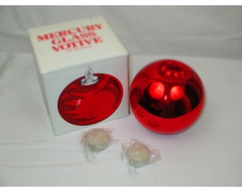 Vintage Dept 56 Red Mercury Glass Votive Candle Holder With Two Candles