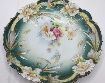Vintage 10" Prussia Decorative Turquoise Floral Ceramic Plate Hanging White Pink