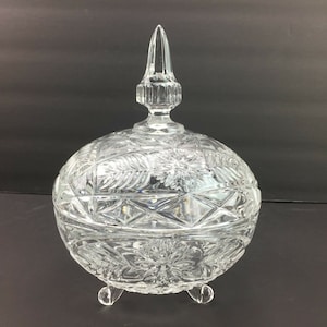 Clear Crystal Cut Glass Compote Footed Candy Dish Lid Decoration Flower Design