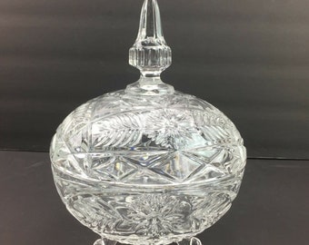 Clear Crystal Cut Glass Compote Footed Candy Dish Lid Decoration Flower Design