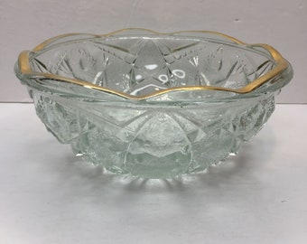 Vintage 1950s 8" Crystal Starburst Cut Glass Serving Bowl Gold Scalloped Rim