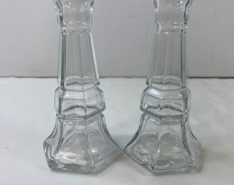 Libbey Gibraltar Clear Glass Rook Bud Vase Set 2 Candle Stick Holders Vintage