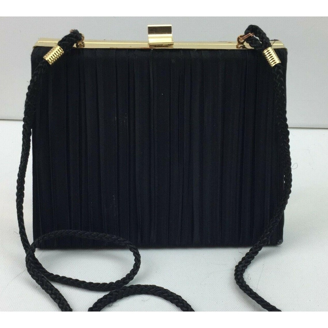Sasha Designer Ladies Frame Shoulder Bag Prom Purse Black Satin Gold Clasp, foto 1 di 5