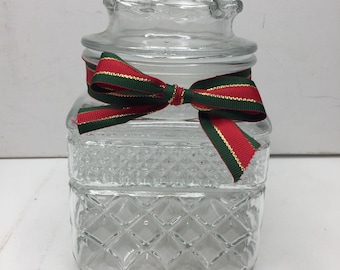 Vintage anker Hocking Wexford vierkante kerst glazen snoeppot bus