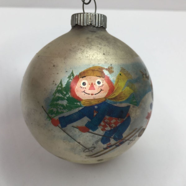 Vintage 1973 Bobbs-Merrill 3" Shiny Brite Ornament Raggedy Ann Andy Ski Teddy