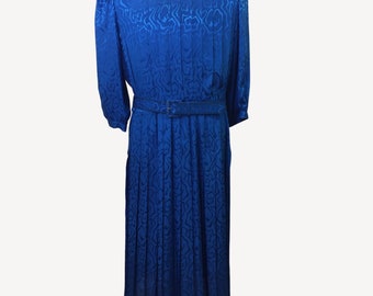 Vintage 80s Argenti Pure Plus Women Blue Accordion Pleat Day Dress Belt Size 16
