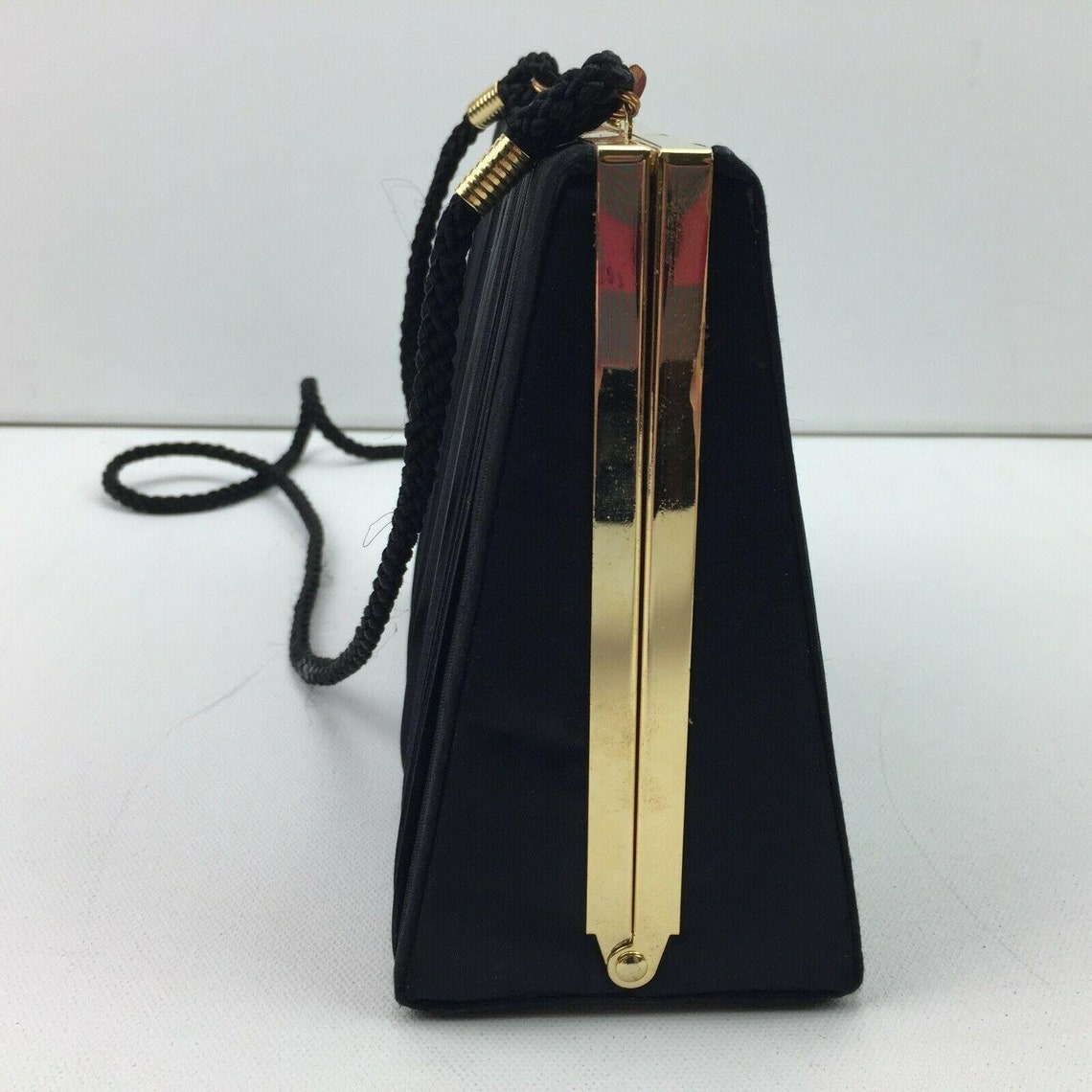 Sasha Designer Ladies Frame Shoulder Bag Prom Purse Black Satin Gold Clasp, foto 4 di 5