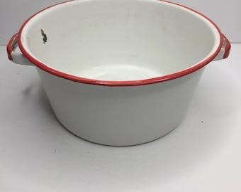 Vintage Enamelware Stew Stock Pot Home White Red Kitchen Use Home Decor No Lid