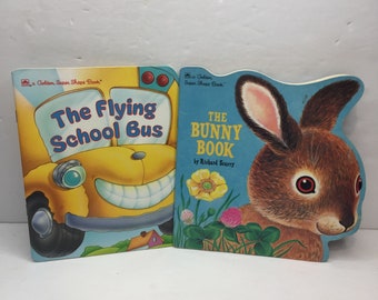 Lotto vintage 2 libri per bambini dorati a forma super Bunny Scarry Flying School Bus Reit