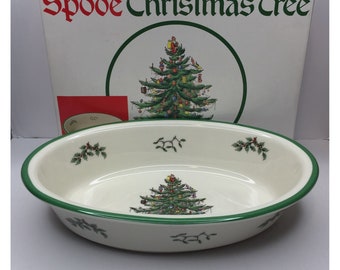 Vintage Spode Christmas Tree Porcelain China Oval Vegetable Baker Dish With Box