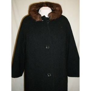 Vintage Fortsmann Black Wool Woman&#39;s 60s Era Mink Collar Coat Boucle Brynwood
