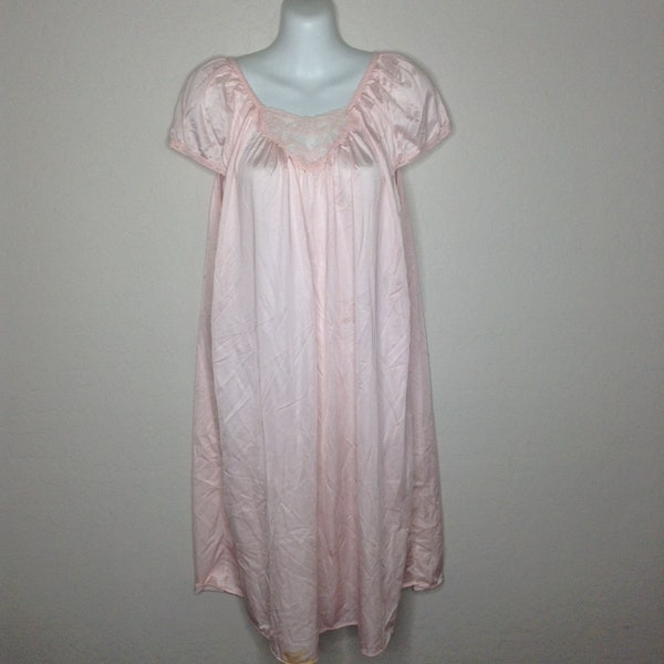 Vintage Womens 80's Lorraine Pink Satin Short Sleeve Nightgown Size Medium