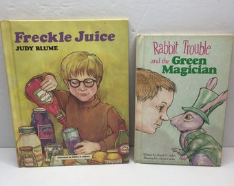 Vintage Lot 2 Children's Books Freckle Juice Blume Rabbit Trouble Green Magician