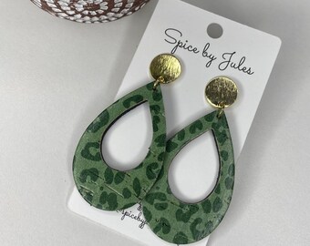 The Victoria Earrings, Green Leopard Cork and Leather Teardrop Cutout with Gold Posts