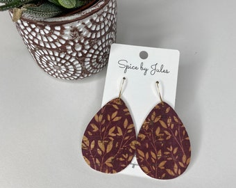 Teardrop Earrings, Merlot Birch Cork and Leather Teardrop Earrings, Handcrafted, Genuine Leather, Super Lightweight Earrings