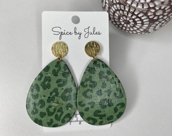 Teardrop Earrings with Gold Posts, Green Leopard Print Cork and Leather Teardrop Earrings, Handcrafted, Genuine Leather, Super Lightweight