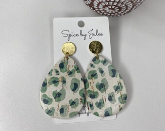 Teardrop Earrings with Gold Posts, Jade Cheetah Print Cork and Leather Teardrop Earrings, Handcrafted, Genuine Leather, Super Lightweight