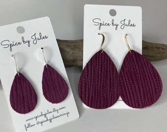 Teardrop Earrings, Plum Bamboo Leather Teardrop Earrings