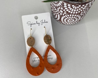 The Cayman Earrings, Orange Sunrise Cork and Leather Teardrop Cutout Earrings